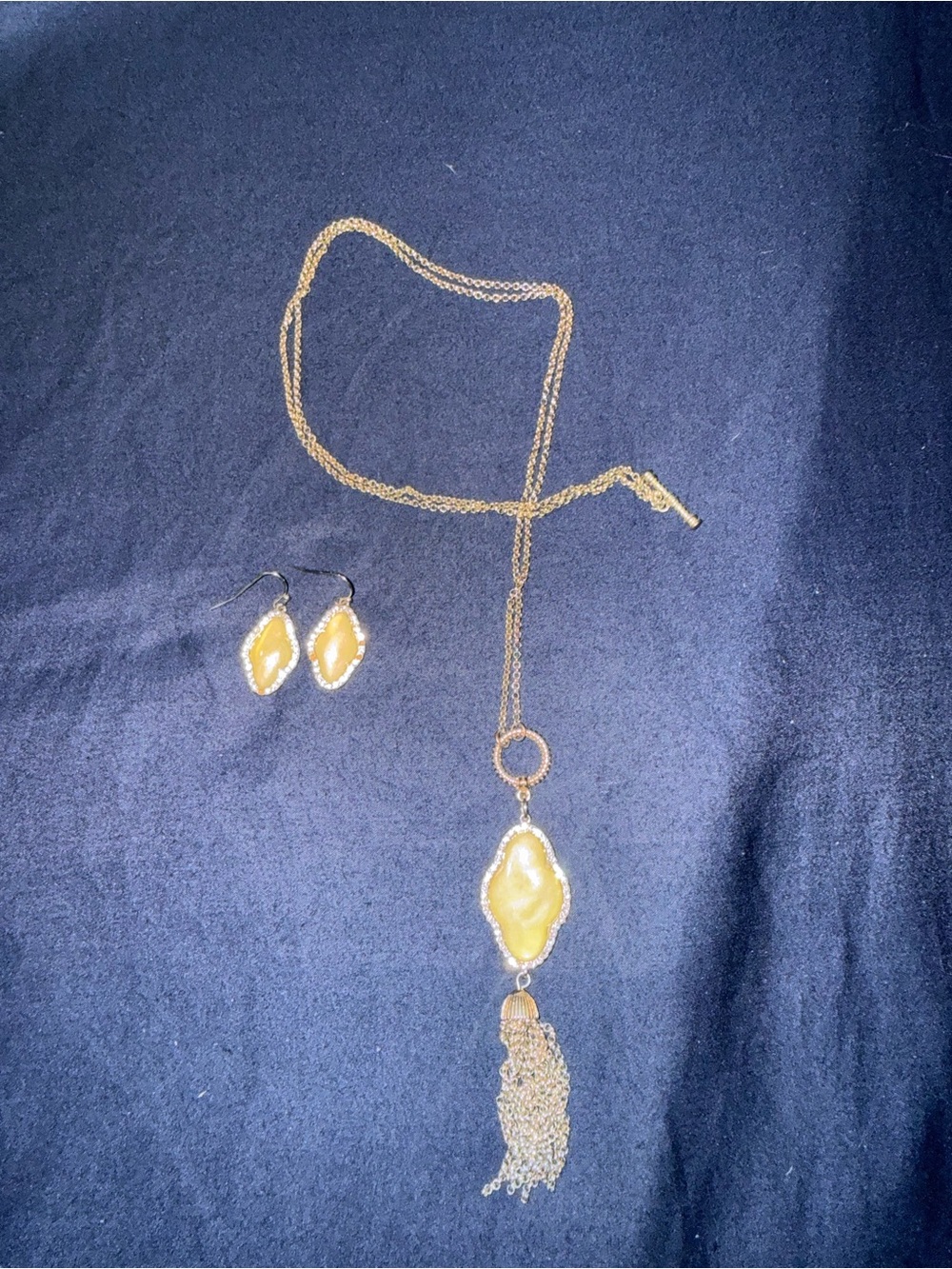 Gold-Tone Yellow Stone Tassel Necklace & Earrings Set